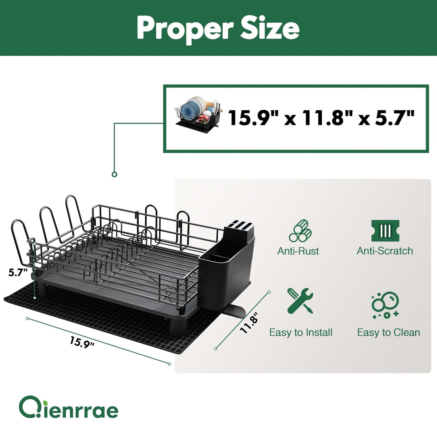 Qienrrae Dish Drianer Rack with Drip Tray, Dish Drainer with 360° Swivel Spout and Drainer Mat, Stainless Steel Dish Rack with Utensil Holder and Drying Mat, Dish Drying Rack (Black - One Tier) One Tier-black