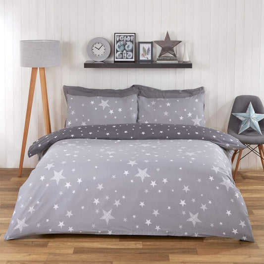 Dreamscene Galaxy Stars Duvet Cover with Pillowcase Kids Reversible Charcoal Bedding Set, Silver Grey, 3pcs, Double Silver Grey Charcoal Stars