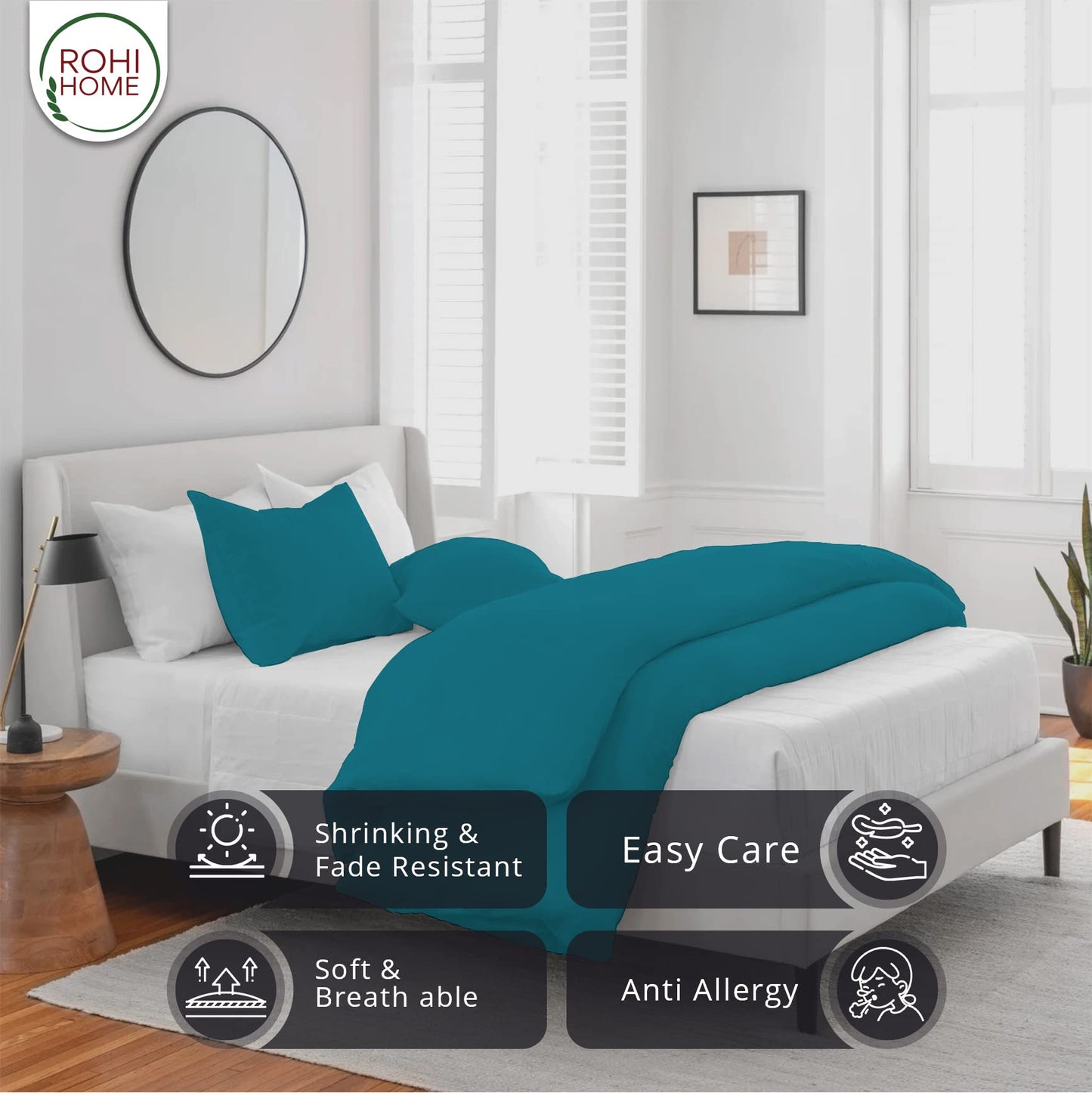 Rohi Easy Care plain King Size Duvet Cover set – Soft & Breathable Teal Bedding Set – Button Closure – Anti Allergy Quilt Cover Set with Pillowcases (King, Teal)