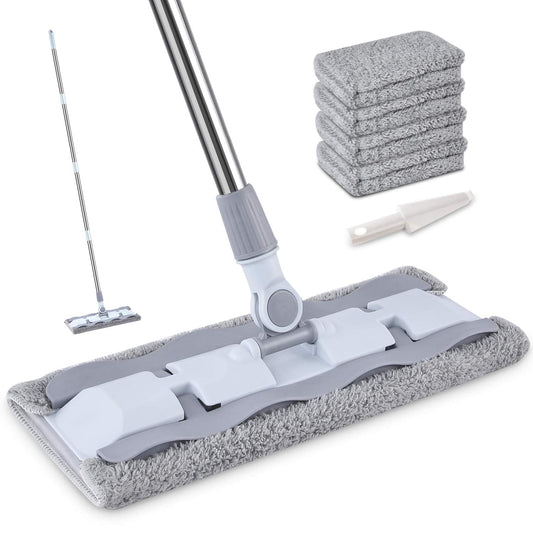 Flat Floor Mop, HOMTOYOU Microfibre Dust Mop for Laminate, Tile ,Hardwood Floor with 4 Mop Pads and 1 Dirt Removal Scrubber (Grey) Grey