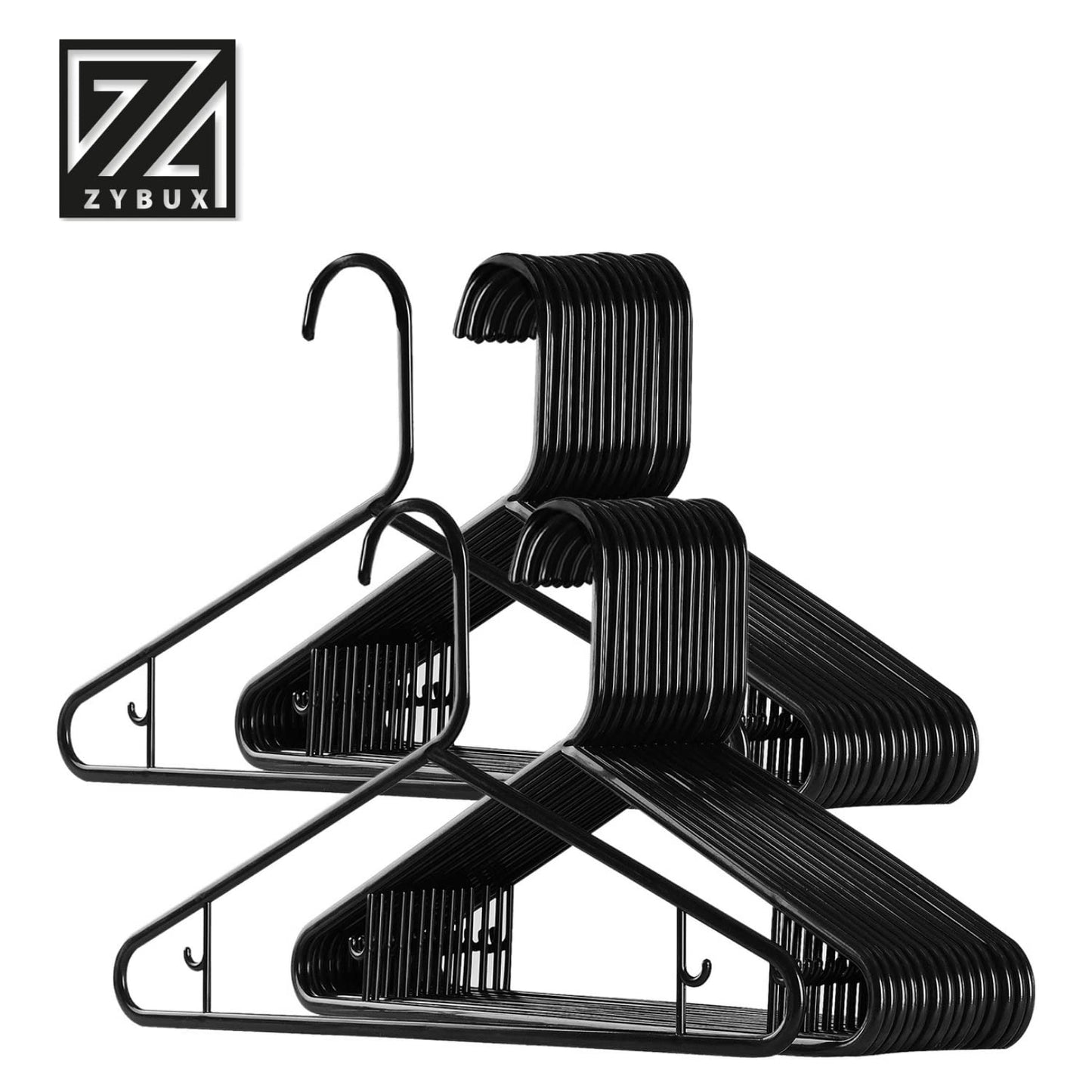 ZYBUX - 20x Adult Coat Hanger Black Colour, Extra Strong Plastic, Space Saving with Suit Trouser Bar (40cm Wide)