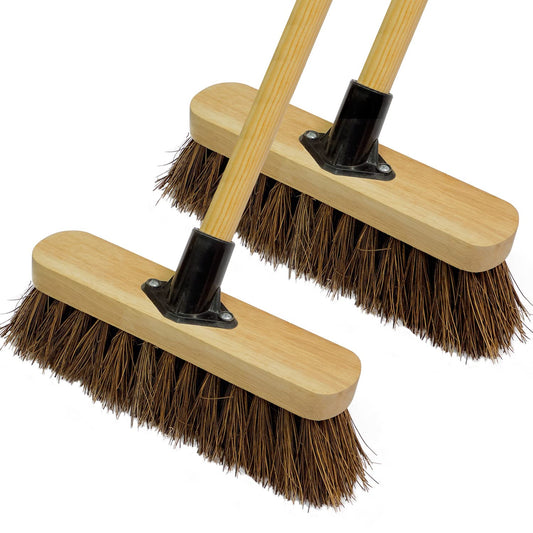 10” Garden Broom Outdoor with Wooden Handle Natural Stiff Bassine Hard Bristle Broom with Durable Support Bracket Yard Brush Heavy Duty Broom Outdoor Stiff Sweeping Yard Brush (Pack of 2) Stiff Natural Bassine Bristles Pack of 2