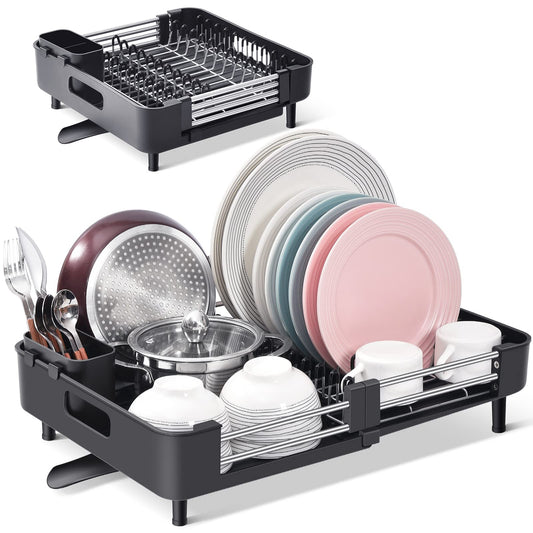 KINGRACK Expandable Dish Rack,Foldable Stainless Steel Dish Drainers With Removable Cutlery Holder & Non-Scratch Plate Rack, Adjustable Dish Drying Rack With Swivel Drainage Spout, Black