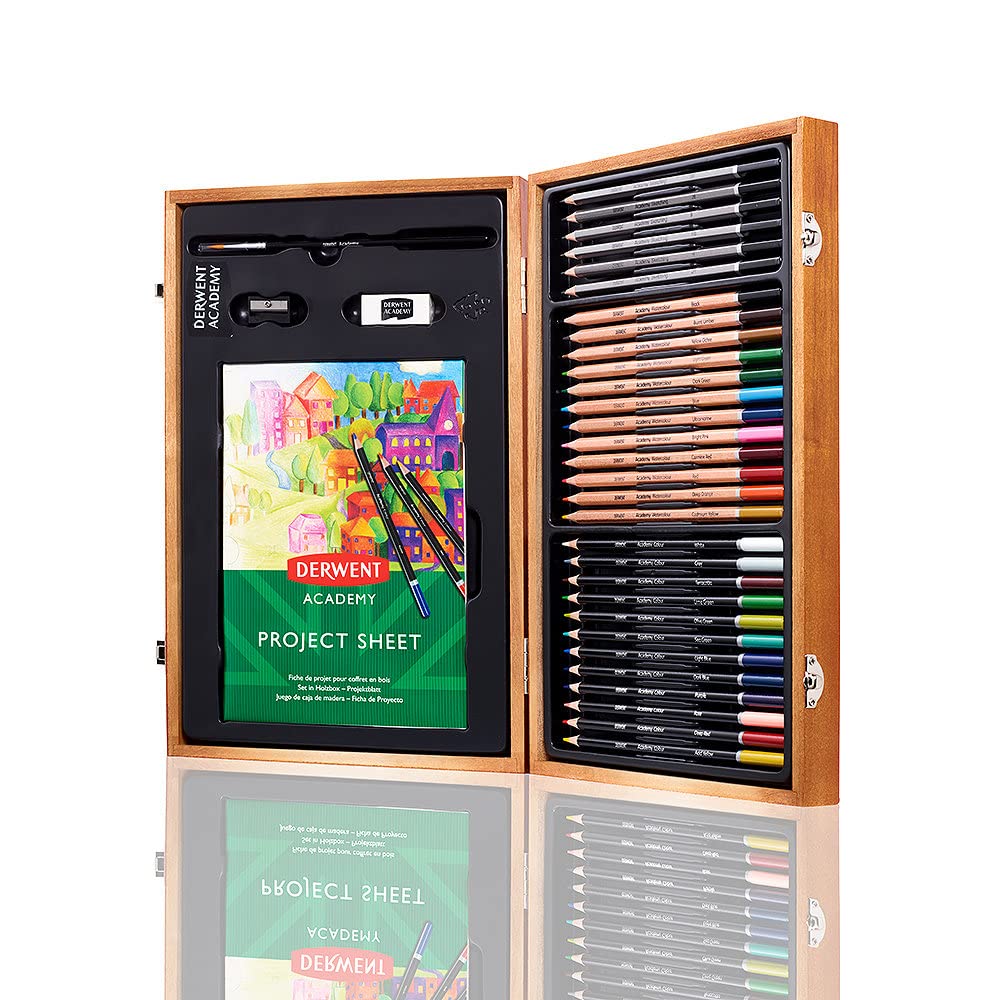 Derwent Academy Wooden Gift Box,Complete 35 Piece Art Set with Colouring Pencils,Pastels & Accessories, Ideal Collection for Drawing, Sketching & Crafts, Premium Hobbyist Quality Kit, 2300147 Colouring & Sketching Art Set