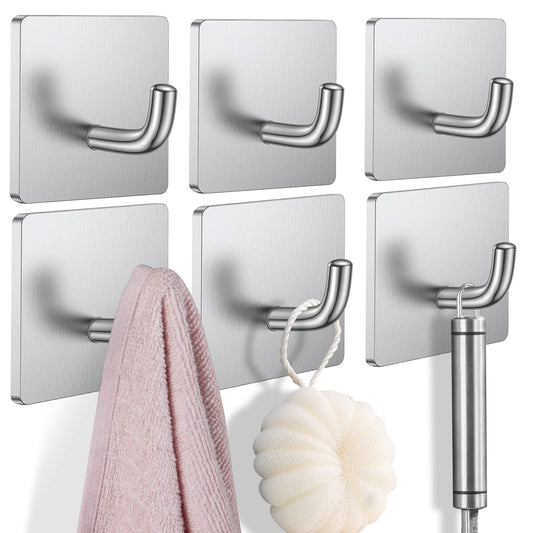 Budding Joy Adhesive Hooks Heavy Duty Stick on Wall Door Cabinet Stainless Steel Towel Coat Clothes Hooks Self Adhesive Holders for Hanging Kitchen Bathroom Home 6 Pack