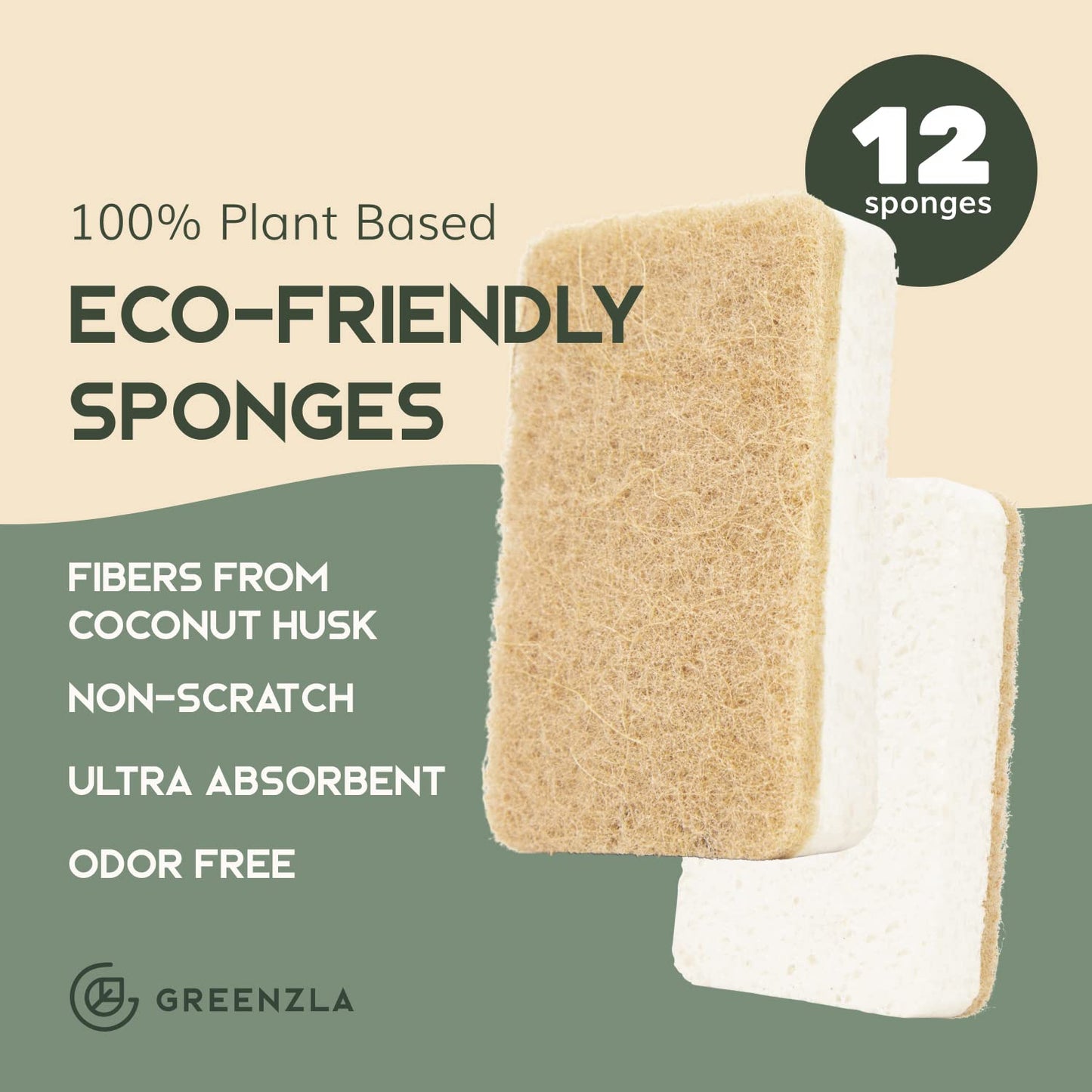 Greenzla Natural Sponges 12 Pack - Eco Friendly Kitchen Sponge for Sustainable Living - Biodegradable Hemp/Sisal Plant Based Reusable Cleaning Dish Sponge