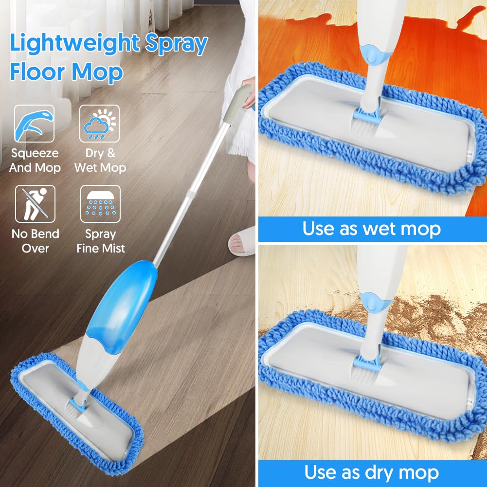 Microfibre Spray Mop for Floor Cleaning, TINA&TONY Hardwood Floor Mop Spray Dry Wet Mop with 3 Reusable Mop Pads & Refillable Bottle, Kitchen Dust Cleaning Mop for Hardwood Laminate Tile Floors, Blue 635ml Blue Mop