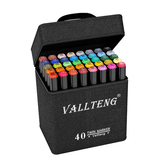 Vallteng 40 Colours Permanent Art Markers Twin Marker Pen Broad Fine Point Black Animation Design for Drawing Coloring with Black Bag 40-color