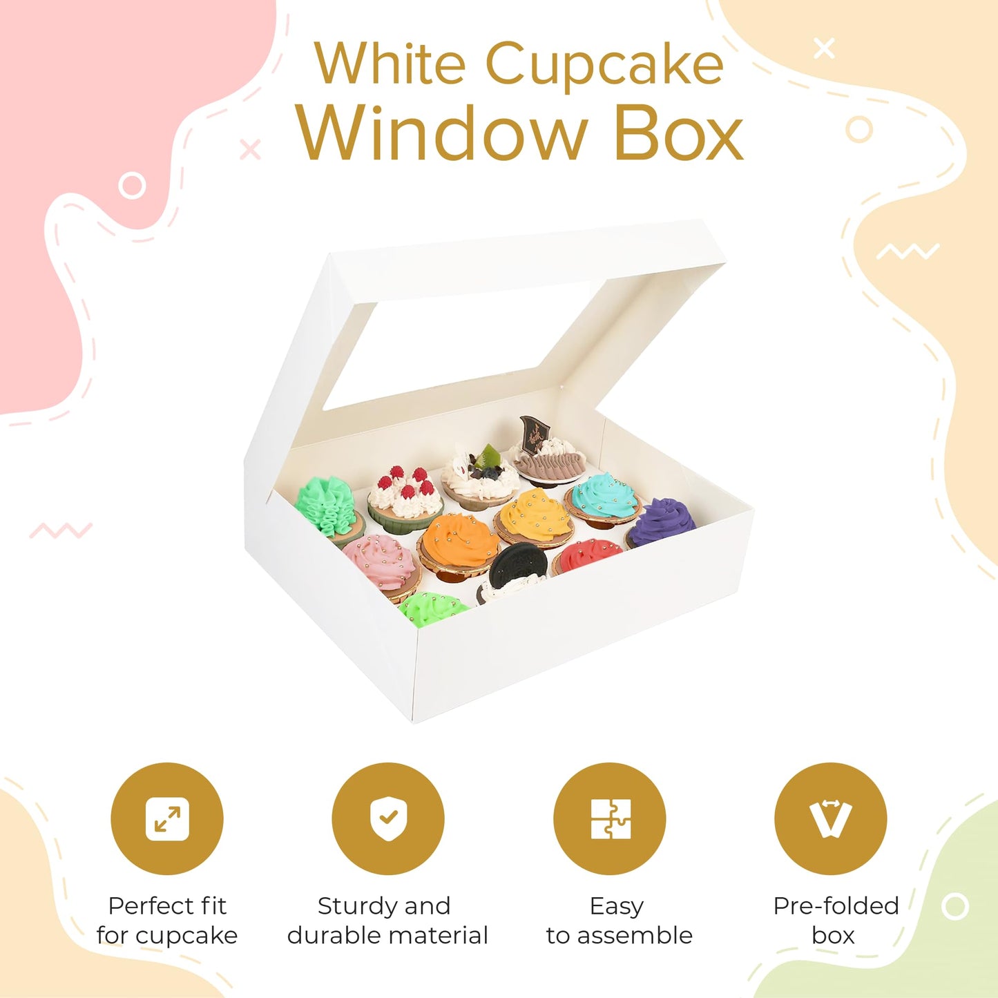 The Baker Shop 5 x 12-Hole Cupcake Window Boxes | Pop-Up Cupcake Boxes 12 Hole | Bakery Boxes Cake Box Holders | 12 Hole Cupcake Boxes