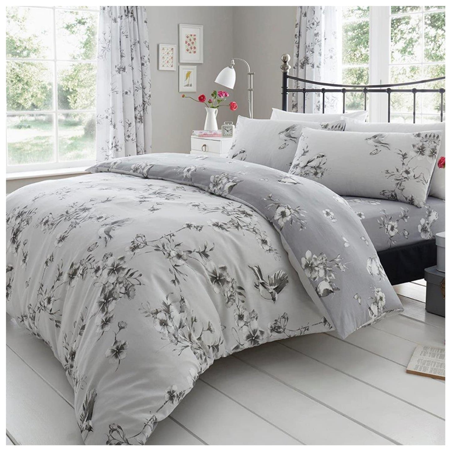 GC GAVENO CAVAILIA Duvet Bedding Set | Flower Comforter Cover & linen | Super King Bed Set| Grey