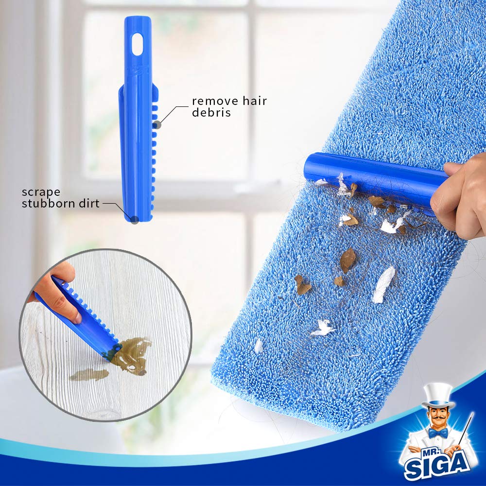 MR.SIGA Professional Microfibre Mop for Hardwood, Laminate, Tile Floor Cleaning, Stainless Steel Telescopic Handle - 3 Reusable Microfibre Cloths and 1 Dirt Removal Scrubber included Blue - Mop