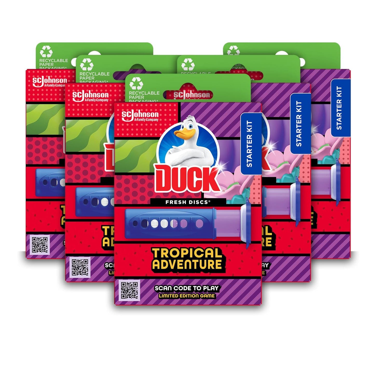 Duck Fresh Discs Toilet Cleaner Starter Kit, Sanitising & Descaling Toilet Bowl Gel, Kills Germs and Bacteria, Tropical Adventure, Pack of 5 (5 x 36ml)