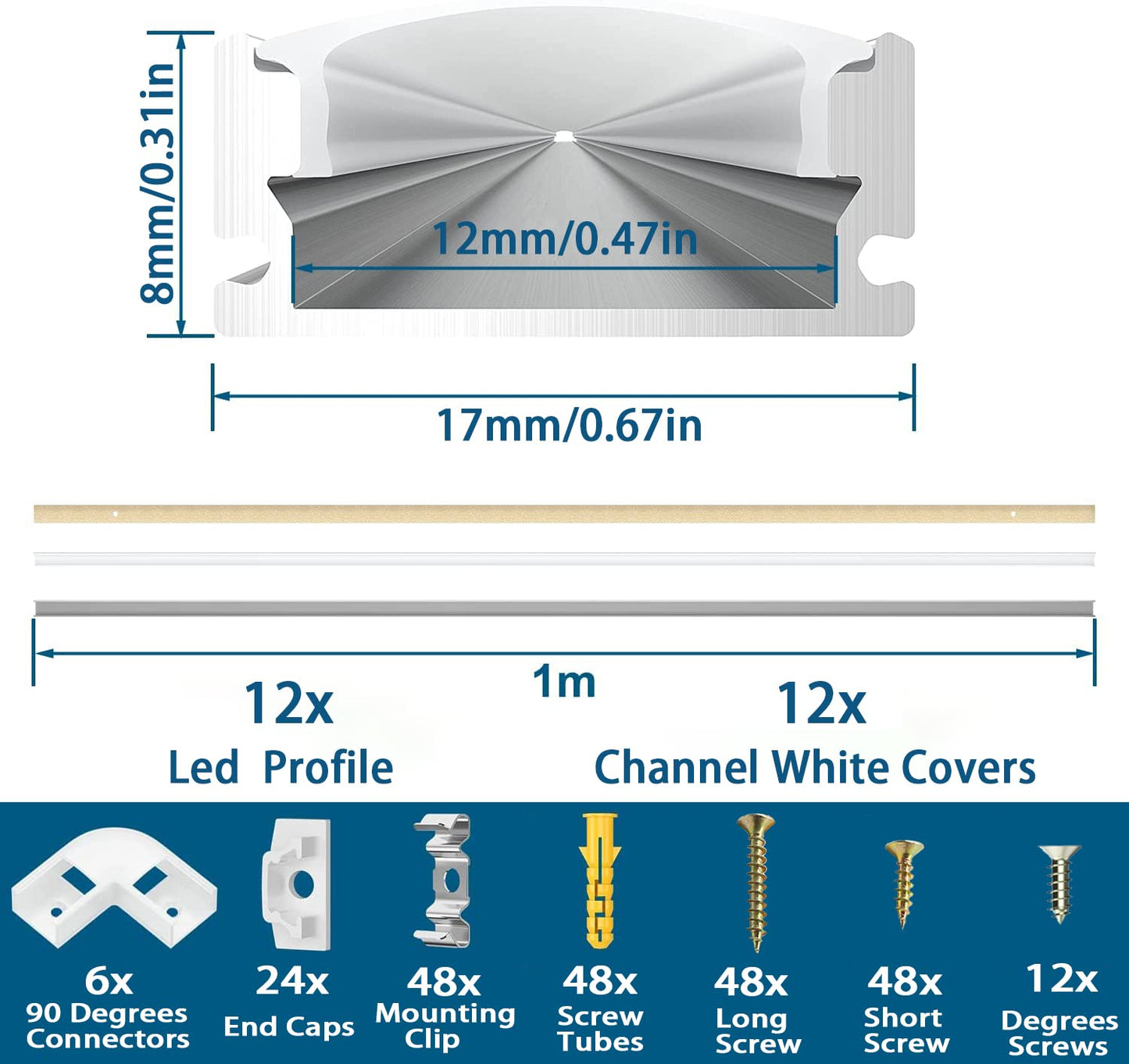 Chesbung 12 Pack 1Meter/3.3ft U-Shape Led Aluminum Channel, Led Aluminum Profile with Cover. LED Channels and Diffusers with End Caps and Mounting Clips 12Pcs-U-Shape