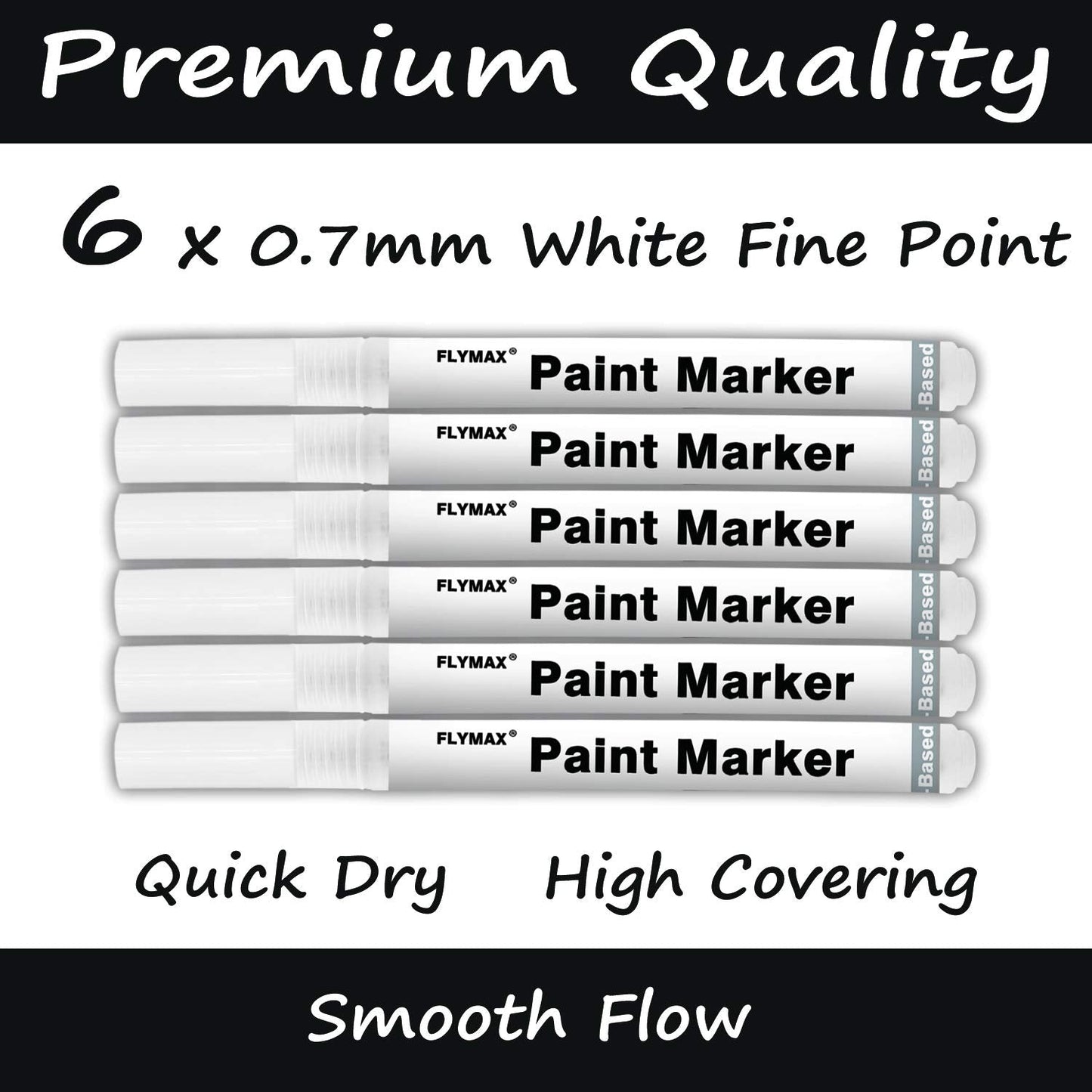 FLYMAX White Paint Pen, 6 Pack 0.7mm Acrylic White Permanent Marker White Paint Pens for Wood Rock Plastic Leather Glass Stone Metal Canvas Ceramic Marker Extra Very Fine Point Opaque Ink