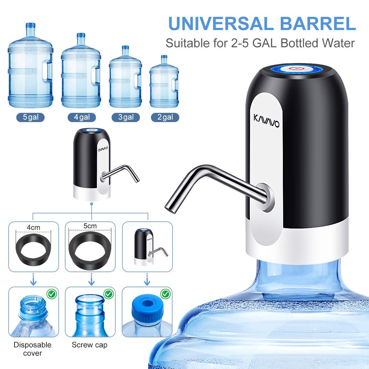 Water Bottle Pump, Bonus 2 Adapters for Various Caliber Water Jugs,USB Rechargeable Automatic Drinking Water Switch,Portable Electric Water Dispenser with 2 free to Cut Hoses. E