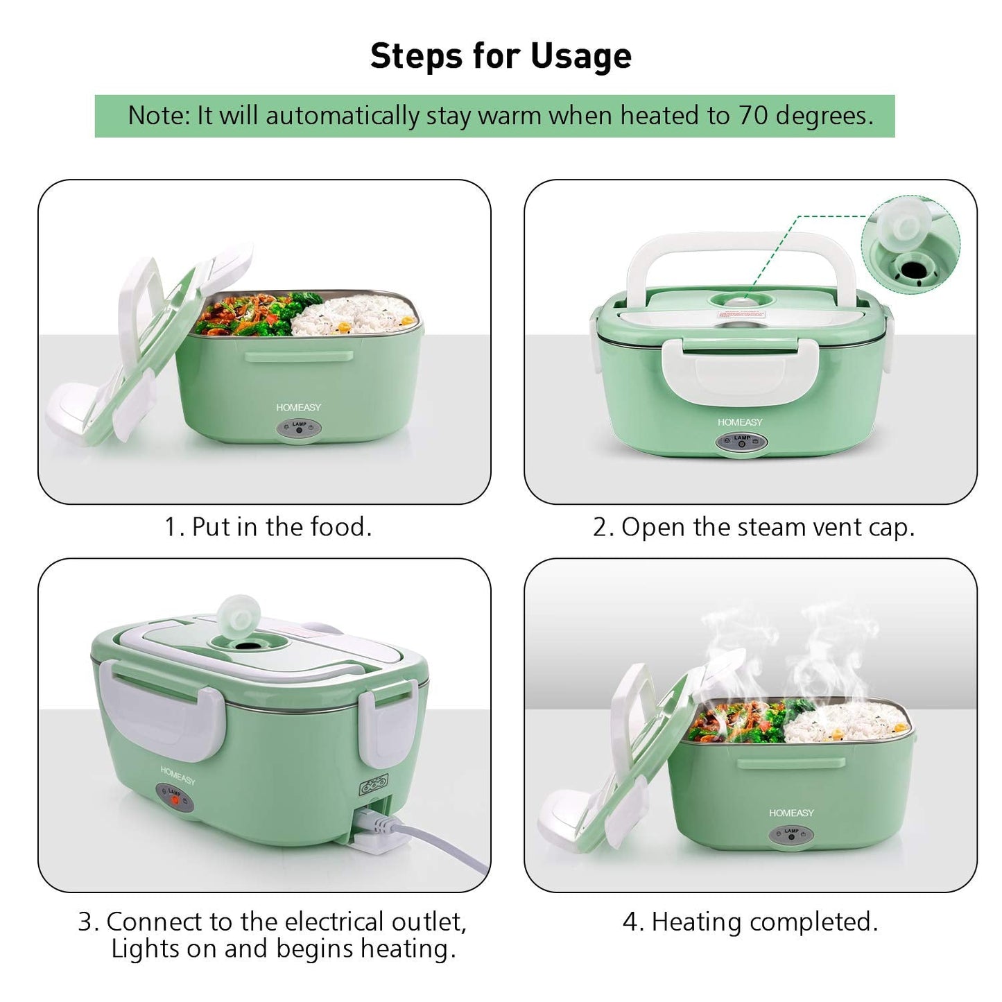 homeasy Electric Lunch Box, 80W 3 in 1 Food Heater Warmer 1.5L Removable Food-Grade Stainless Steel Container Portable for Car, Office, School and Home Use 220V/12V/24V (Mint Green) Mint Green