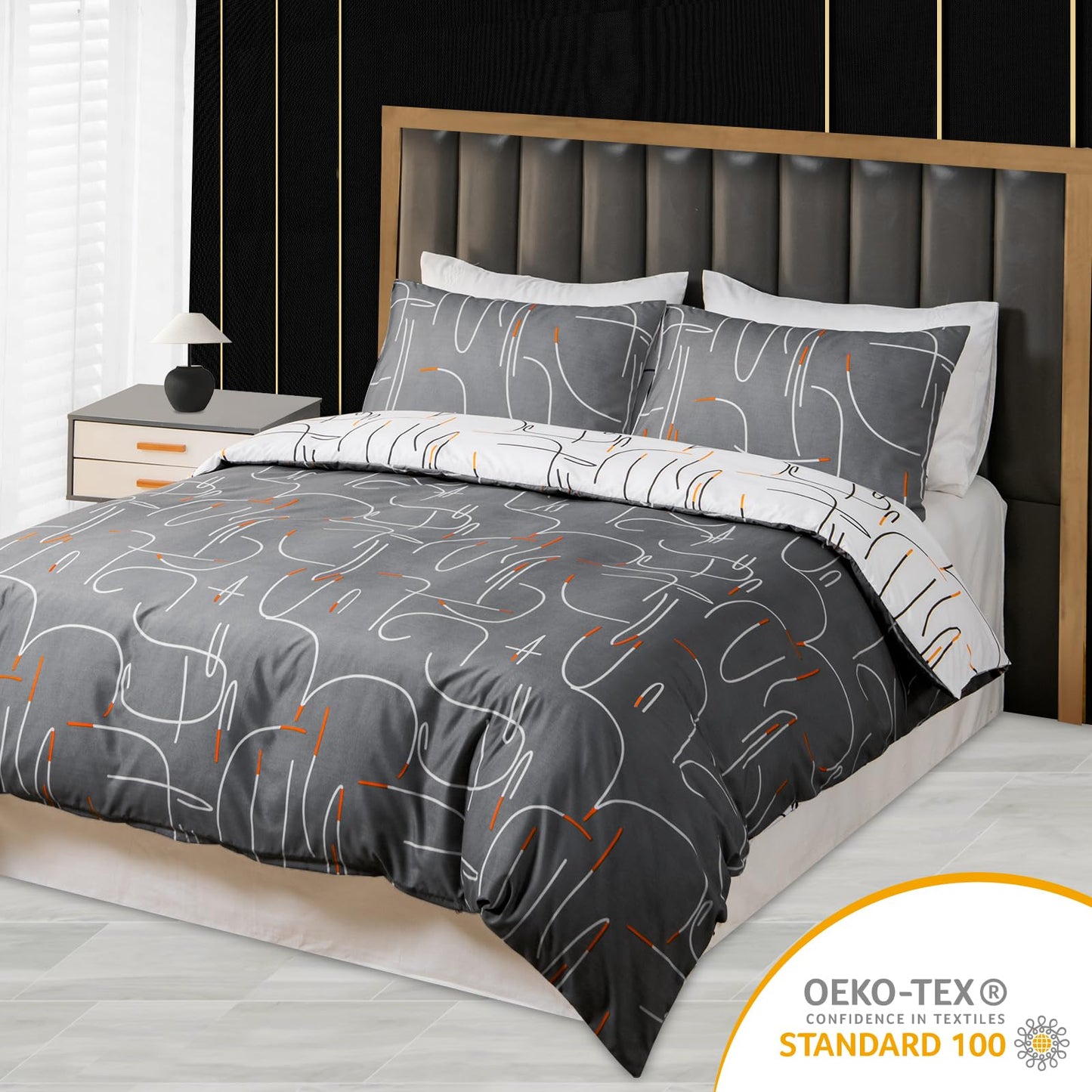 Pamposh Double Duvet Set - Premium Microfibre Reversible Duvet Cover Sets - Bedding Double Bed Set - Double Bedding Polyester Quilt Set (Grey/White/Orange, Double (200 x 200 cm)) Grey / White / Orange Double (200 x 200 cm)