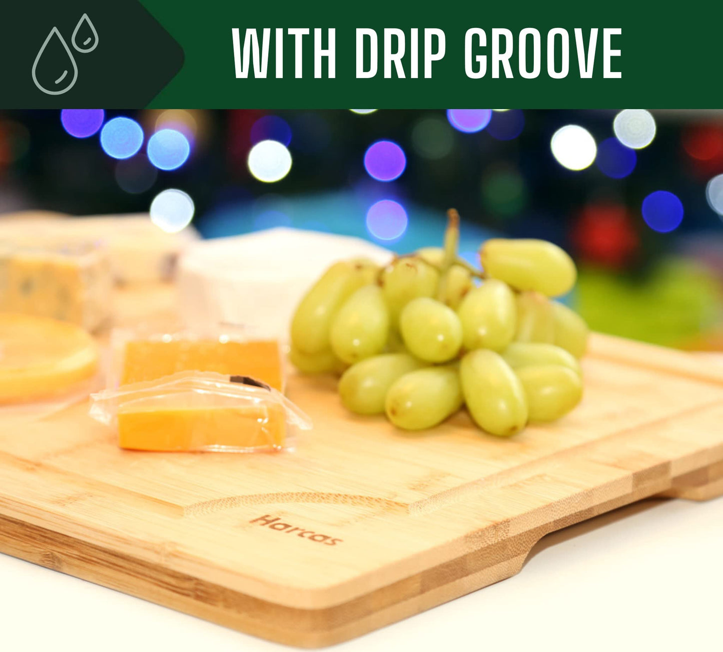 Premium Organic Bamboo Wooden Chopping Board by Harcas. Extra Large Size Cutting Board 45cm x 30cm x 2cm. Best for Meat, Vegetables, Tapas and Cheese. Professional Grade for Durability. Drip Groove