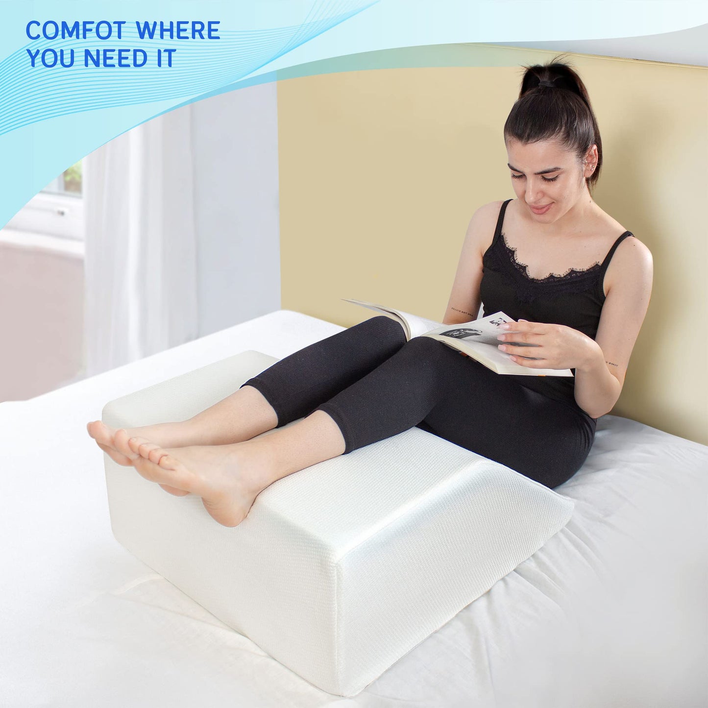 Leg Elevation Pillow with Memory Foam Top - Elevated Leg Rest Pillow for Circulation, Swelling, Knee Pain Relief - Wedge Pillow for Legs, Sleeping, Reading, Relaxing - Washable Cover (10 Inch) 25.40 cm