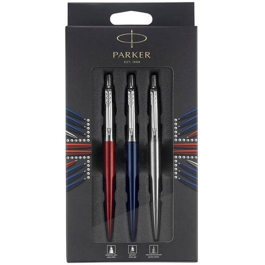 Parker Jotter London Trio Discovery Pack: Ballpoint Pen (Royal Blue), Gel Pen (Red Kensington) & Mechanical Pencil (Stainless Steel) royal blue/kensington red/stainless steel ballpoint + gel pen + mechanical pencil