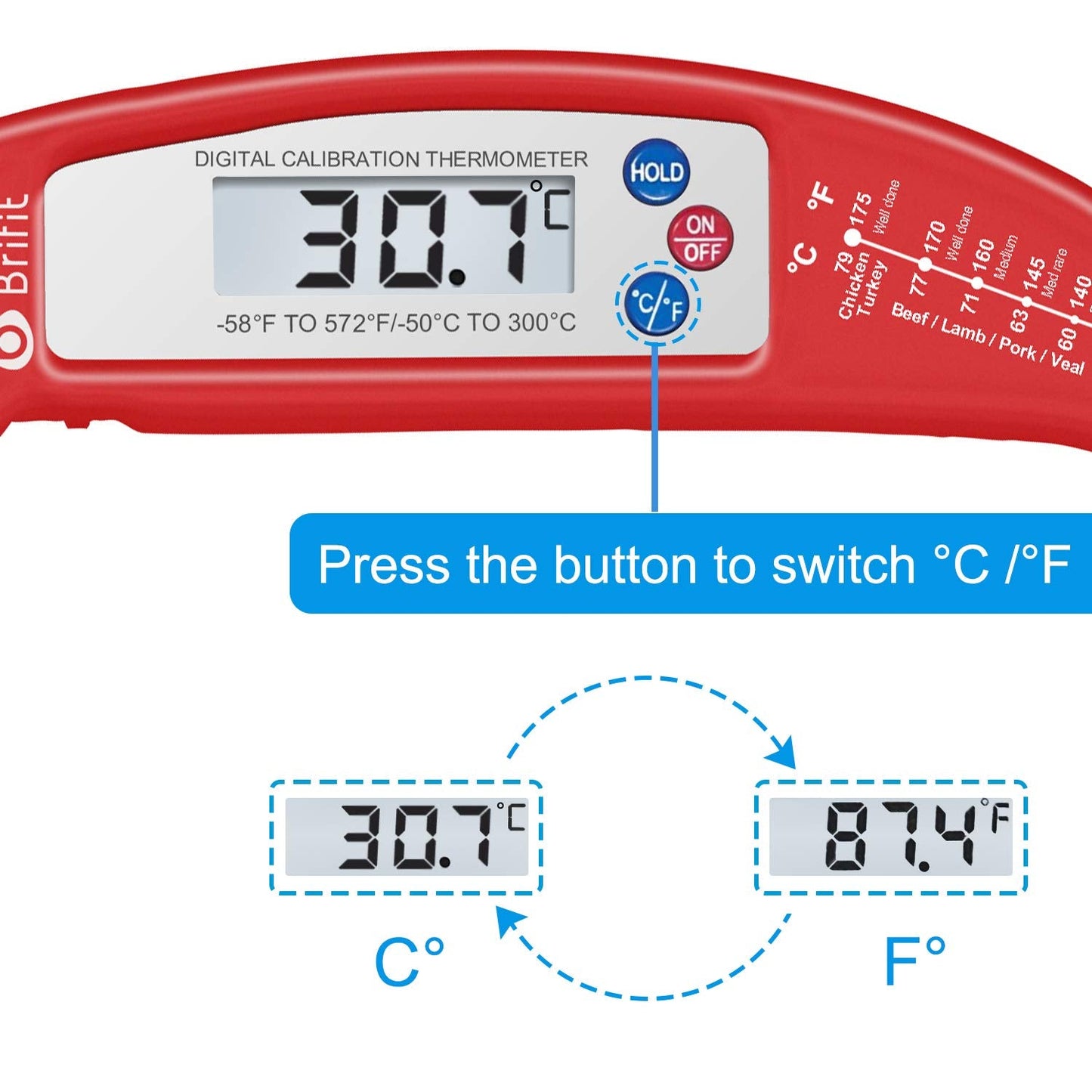 Criacr Meat Thermometer, Digital Cooking Thermometer, Food Thermometer with High Accuracy, Instant Read Foldable Probe Thermometer for Kitchen Cooking, BBQ, Milk, Christmas (Red), Battery Included 1 Pack Red