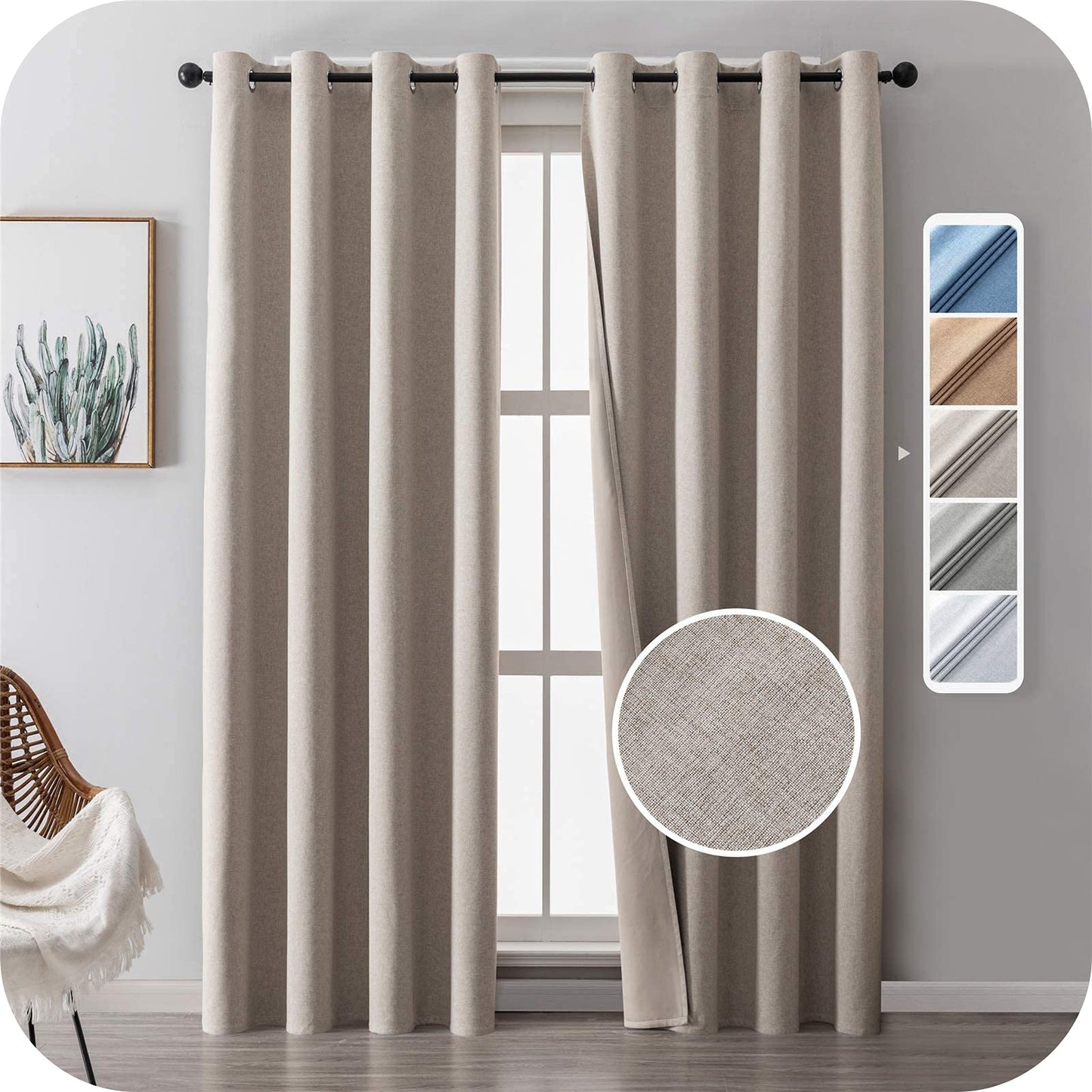 MRTREES Eyelet Curtains Bedroom 100% Blackout 90 Drop Beige Short Thermal Curtain 2 Panels Linen Look Living Room Curtains Noise Reducing for Kids Bedroom 66x90 Inch 167x228cm 66x90 Drop