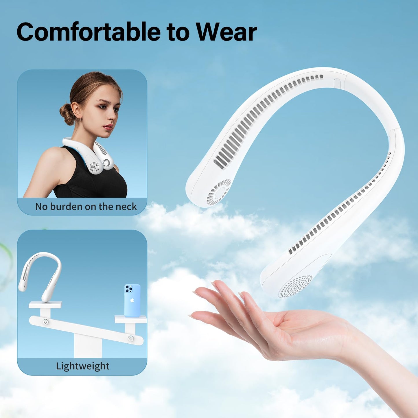 HandFan 4000mAh Neck Fan Personal,Strong Airflow Bladeless Fan,Adjustable Neckband Fan，3.5-9hrs Working Time Portable Rechargeable Personal Fan For Women/Man Outdoor Travel Face(White) White