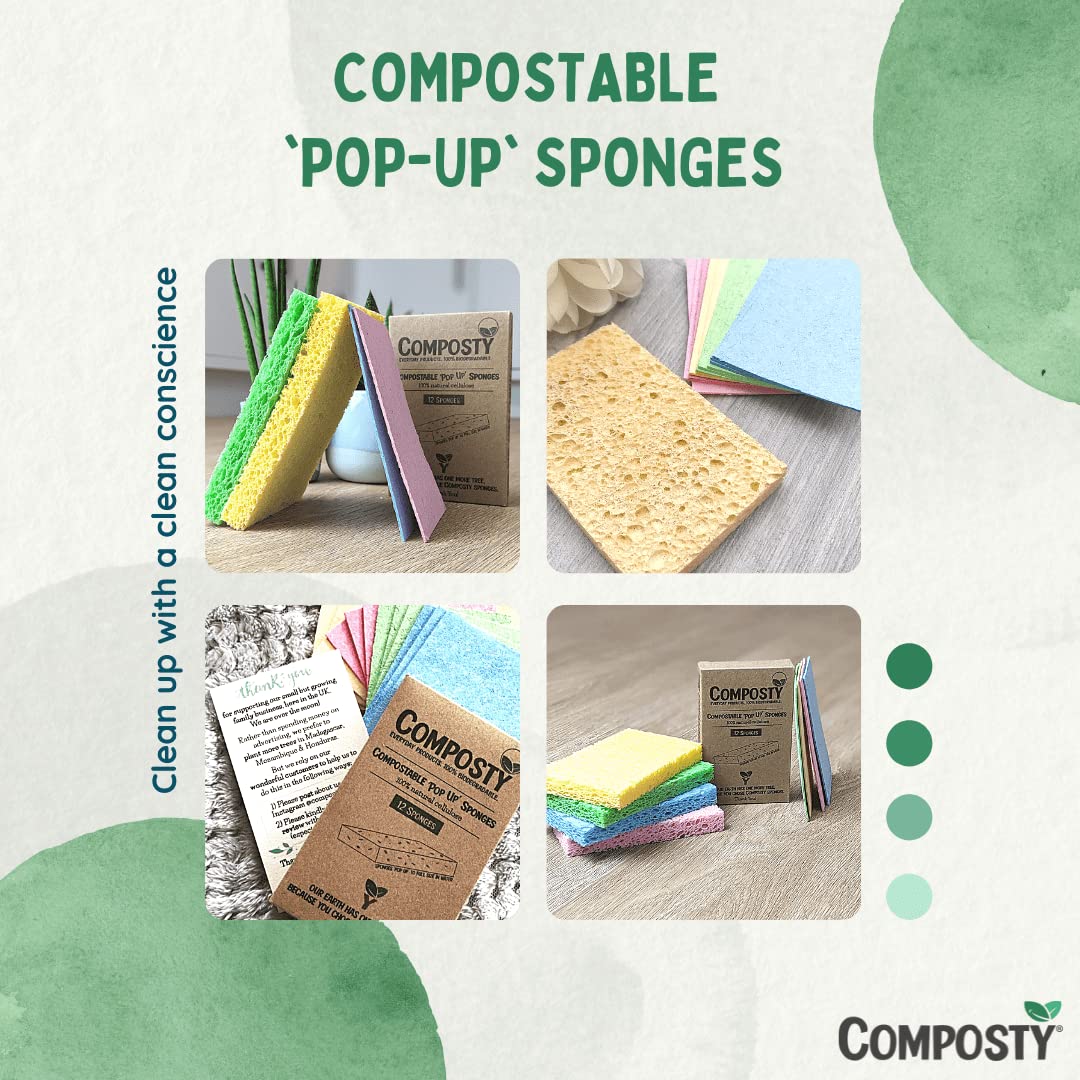 Composty® | 'Pop-Up' Eco Sponges | 12 Pack | Compostable Kitchen Sponge | Biodegradable Washing Up Sponge | Zero Waste | Plastic Free | Natural Cellulose | Long-Lasting | 4 Colours | One Tree Planted