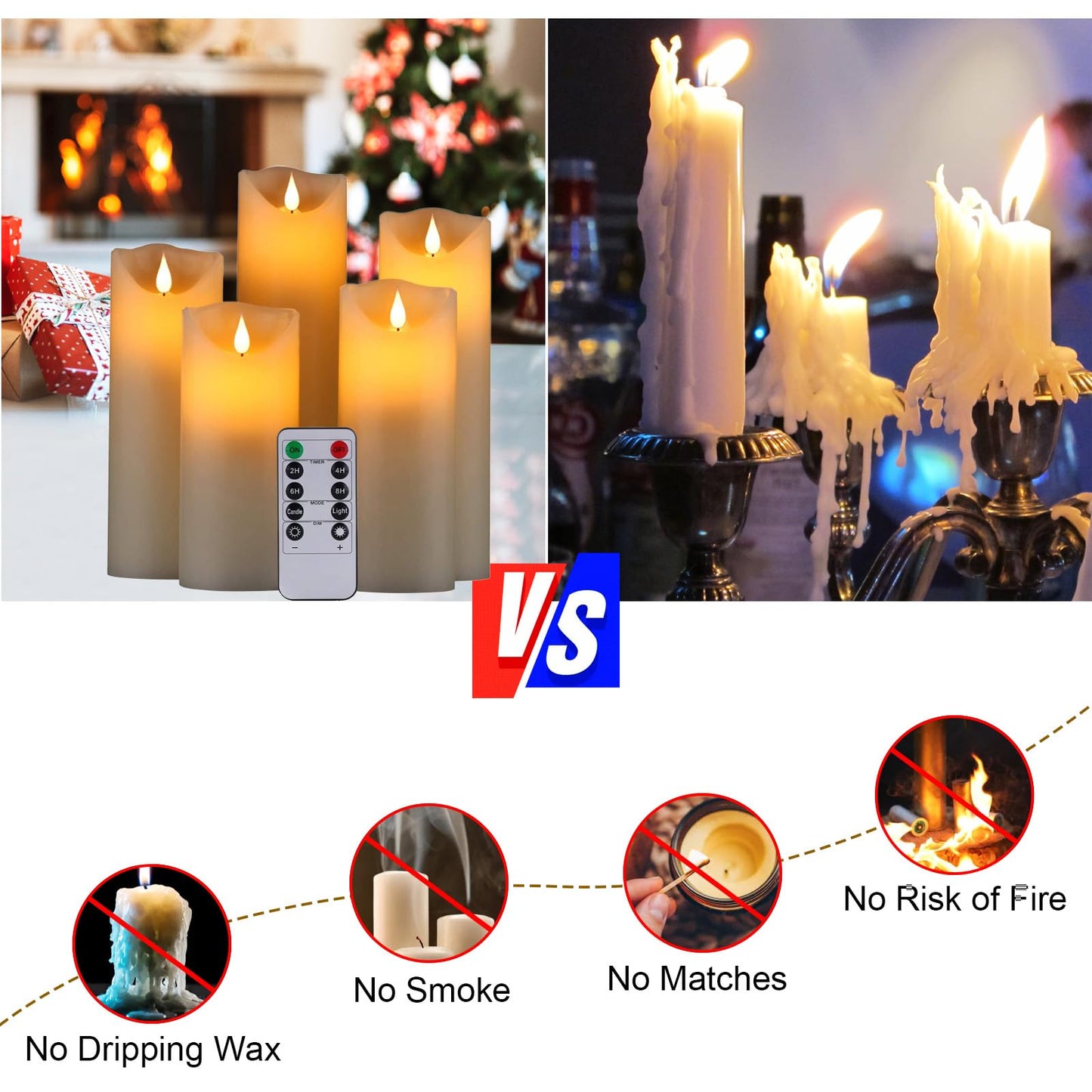 HANZIM LED Candles,Flameless Candles 5" 6" 7" 8" 9" Set of 5 Real Wax Battery Candle Pillars, Realistic Dancing Mood Candles and 10 Key Remote Control with 24 Hour Timer Function (Ivory) Ivory