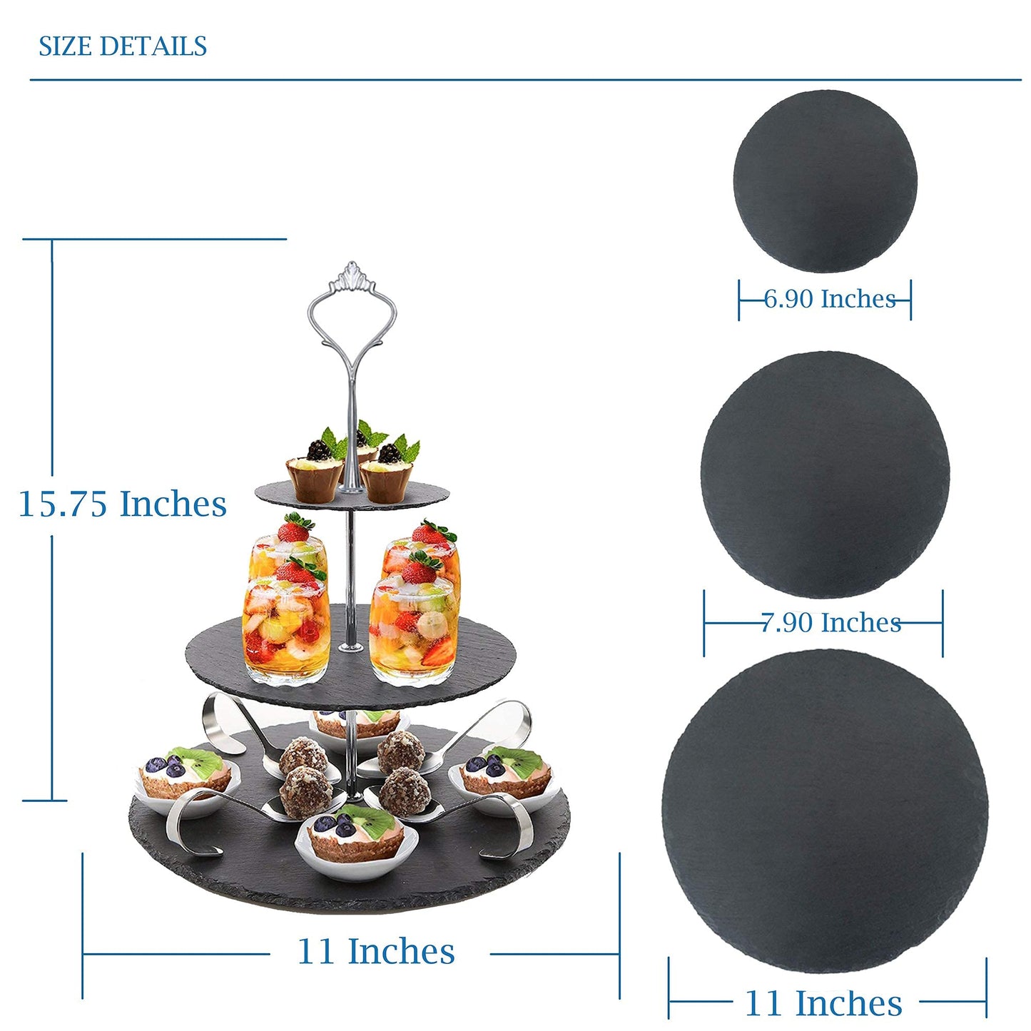 Nyxi 3 in 1 Cake Stand Afternoon Tea Serving Plate 100% Natural Slate Round Rough Edges Display with New Fittings, Can be Used as 3 Tier, 2 Tier & Single Tier Stand As Your Need (1)