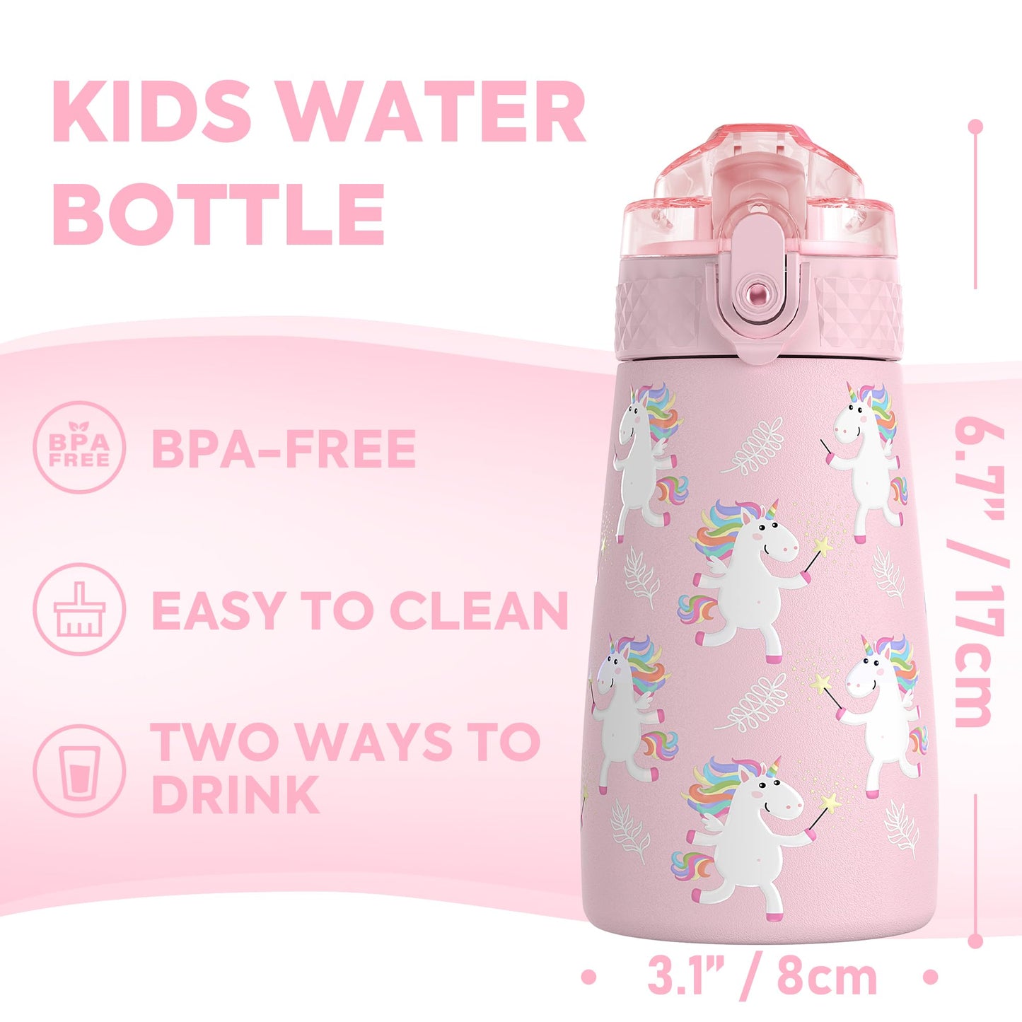 OLDLEY 350ml/12oz Kids Stainless Steel Water Bottle with Straw for School with 2 Different Lid Metal Vacuum Insulated Water Bottles Small Flask for Boys Girls Toddler Children Hot Cold Drinks BPA Free Pink Unicorn