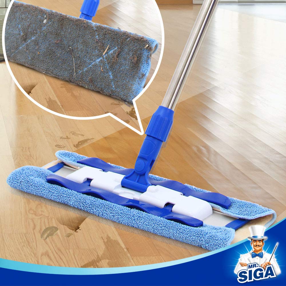 MR.SIGA Professional Microfibre Mop for Hardwood, Laminate, Tile Floor Cleaning, Stainless Steel Telescopic Handle - 3 Reusable Microfibre Cloths and 1 Dirt Removal Scrubber included Blue - Mop