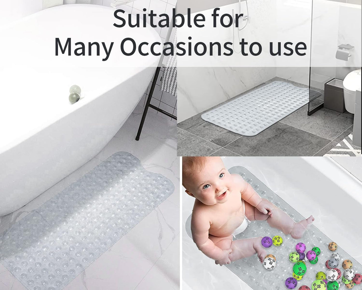 Bathforia Non Slip Bath Mat - Extra Long Non-Slip Anti Mould Shower Mat - Machine Washable Anti Slip Bathroom Floor Mats with Strong Rubber Suction Cup Grip - Clear 100 x 40 x 0.5 cm White