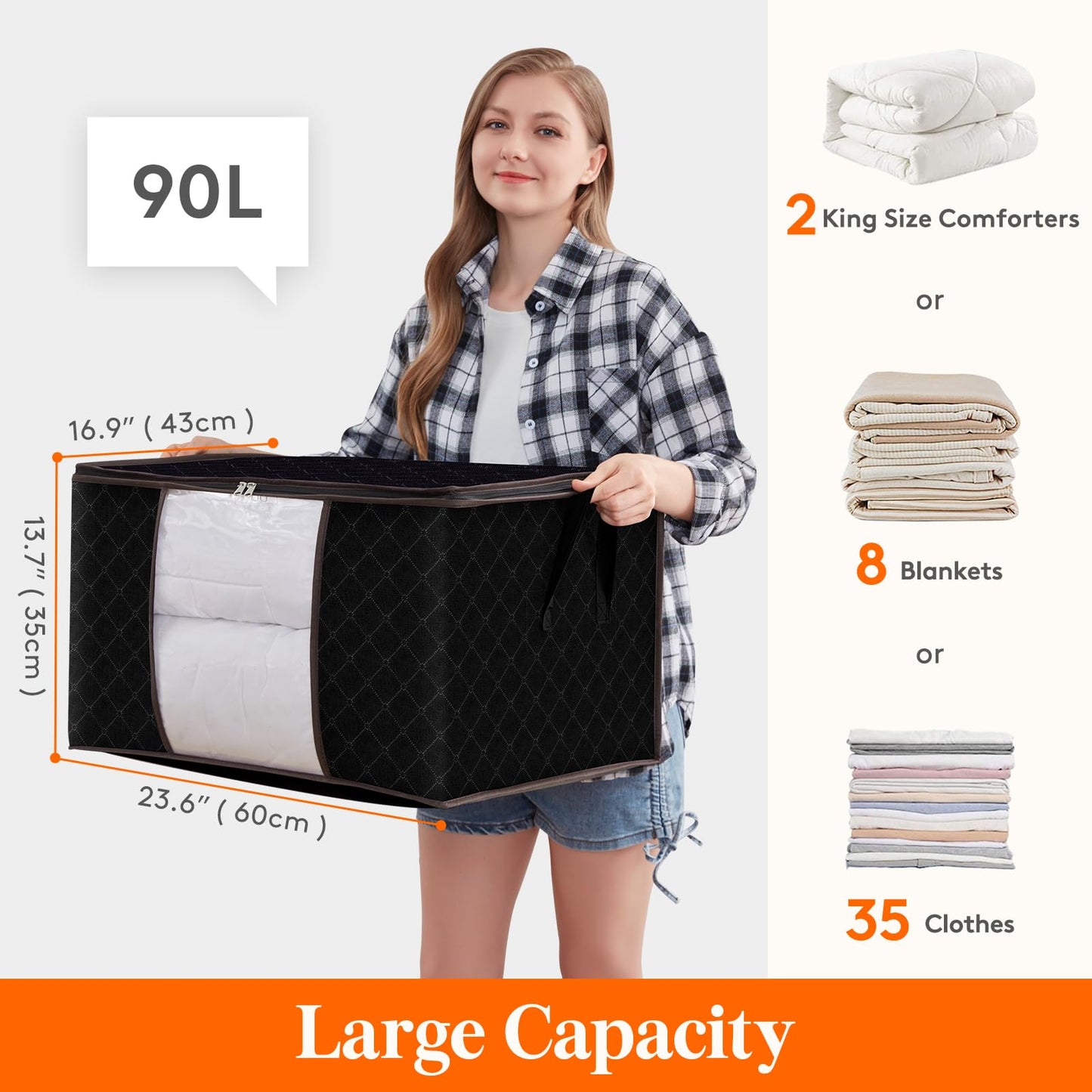 Lifewit 90L Clothes Storage Bags Large Storage Box With Lid Packing Boxes for Moving House With Reinforced Handle Thick Fabric Clear Window for Clothes Duvet Blankets Bedding, 6 Pack, Black