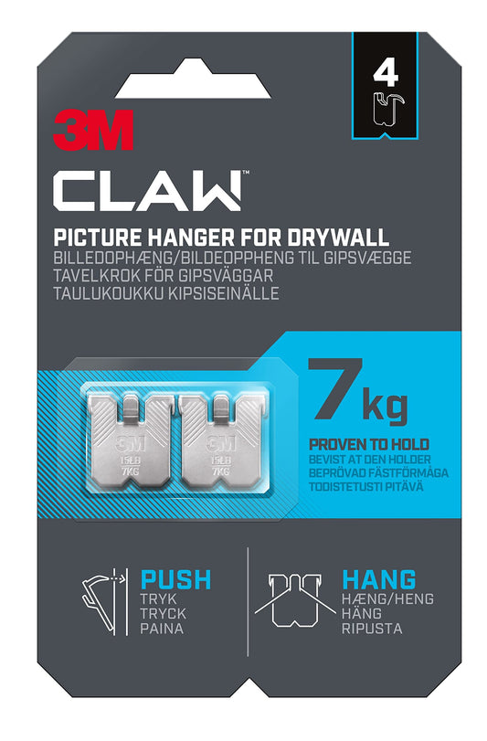 3M Claw Plasterboard Picture Hanging Wall Hooks For Hanging Home Décor, 4 Hangers, Holds up to 7 kg - Ideal for Heavyweight Items 7 Kg (4 pack)