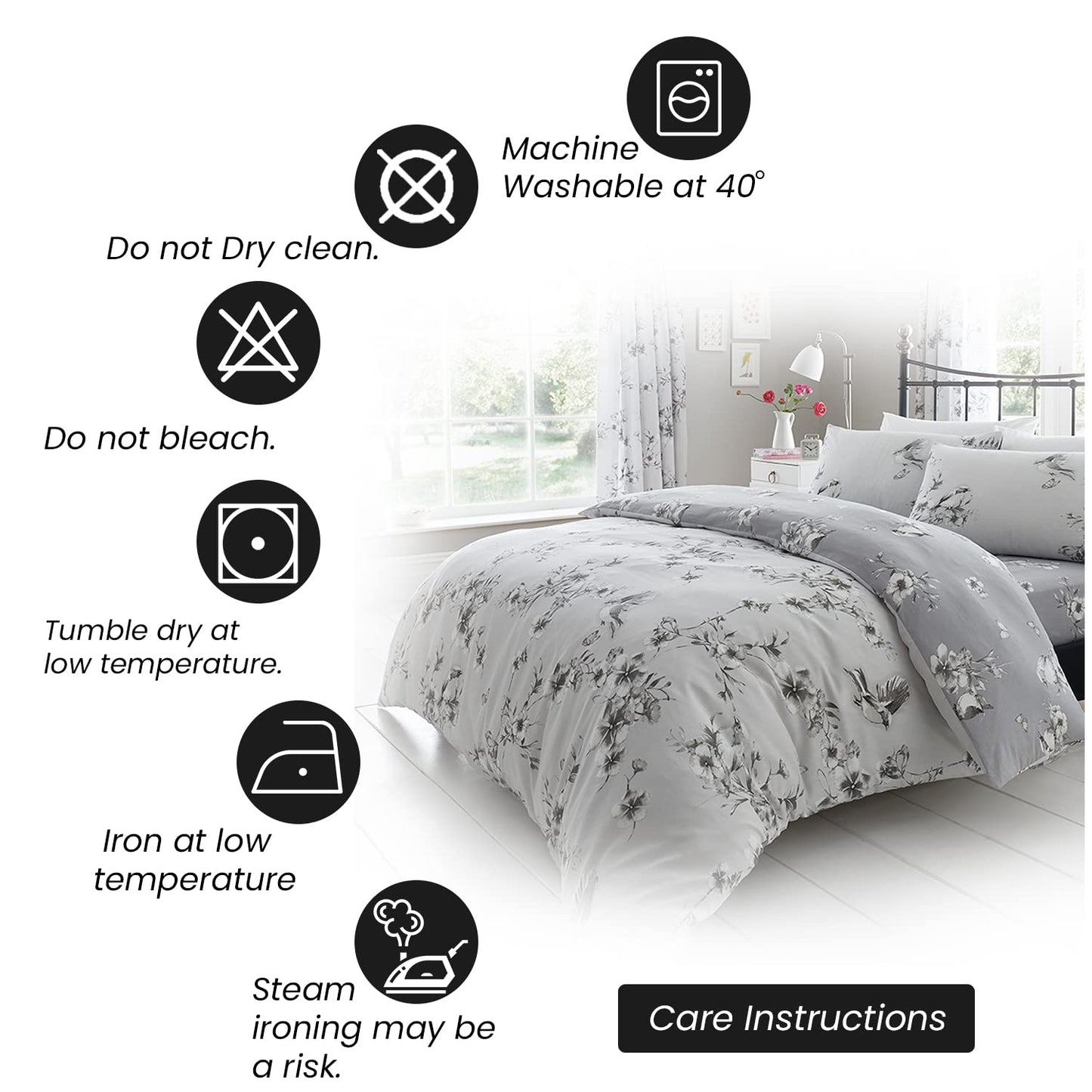 GC GAVENO CAVAILIA Duvet Bedding Set | Flower Comforter Cover & linen | Super King Bed Set| Grey