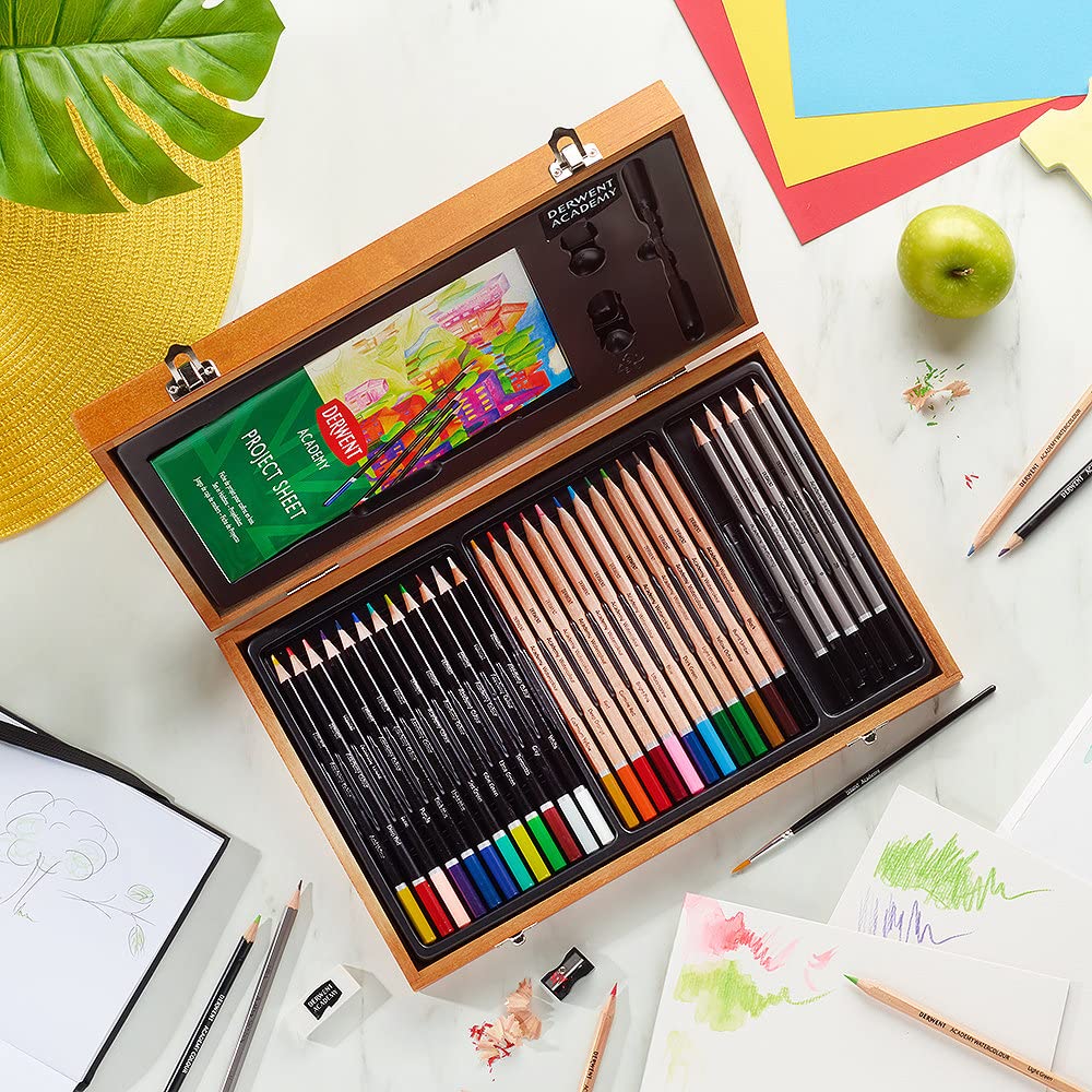 Derwent Academy Wooden Gift Box,Complete 35 Piece Art Set with Colouring Pencils,Pastels & Accessories, Ideal Collection for Drawing, Sketching & Crafts, Premium Hobbyist Quality Kit, 2300147 Colouring & Sketching Art Set