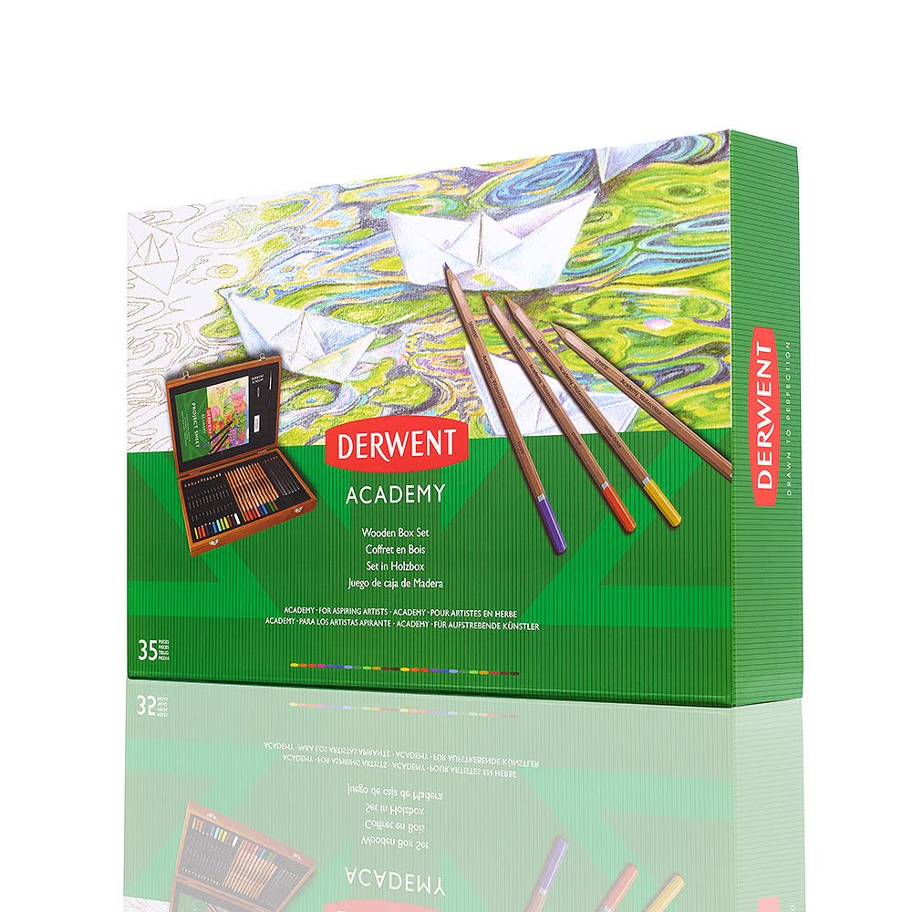 Derwent Academy Wooden Gift Box,Complete 35 Piece Art Set with Colouring Pencils,Pastels & Accessories, Ideal Collection for Drawing, Sketching & Crafts, Premium Hobbyist Quality Kit, 2300147 Colouring & Sketching Art Set