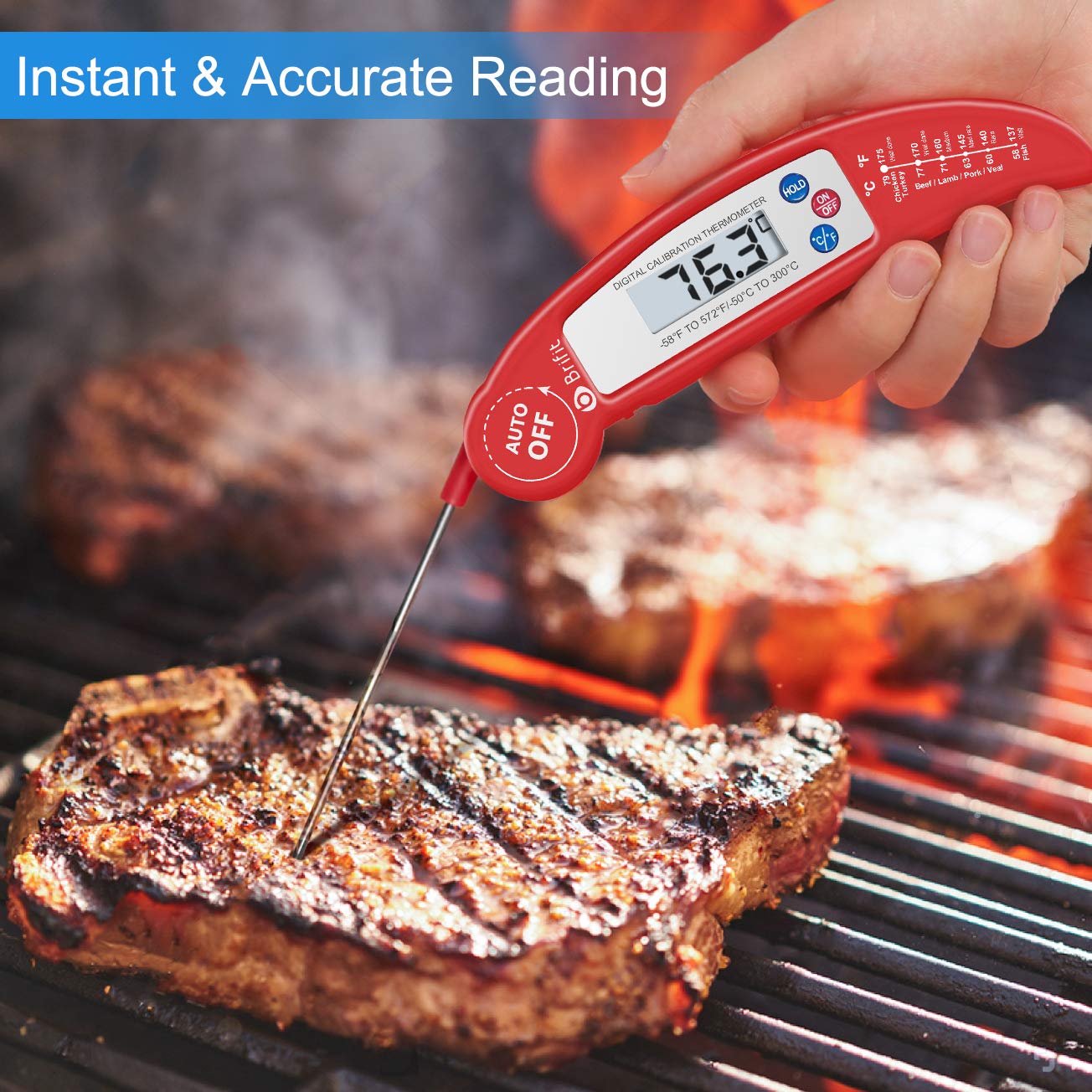 Criacr Meat Thermometer, Digital Cooking Thermometer, Food Thermometer with High Accuracy, Instant Read Foldable Probe Thermometer for Kitchen Cooking, BBQ, Milk, Christmas (Red), Battery Included 1 Pack Red