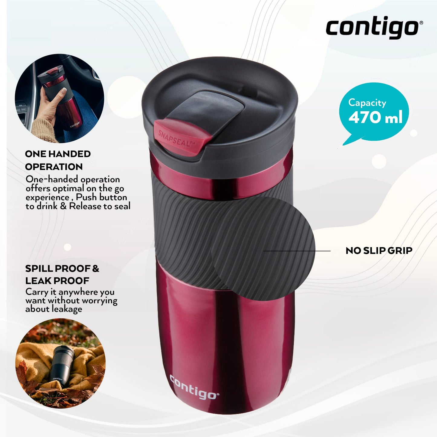 Contigo Byron Snapseal Travel Mug, Stainless Steel Thermal , vacuum flask, leakproof tumbler, coffee mug with BPA free Easy-Clean Lid, 470 ml, Vivacious Macaroon