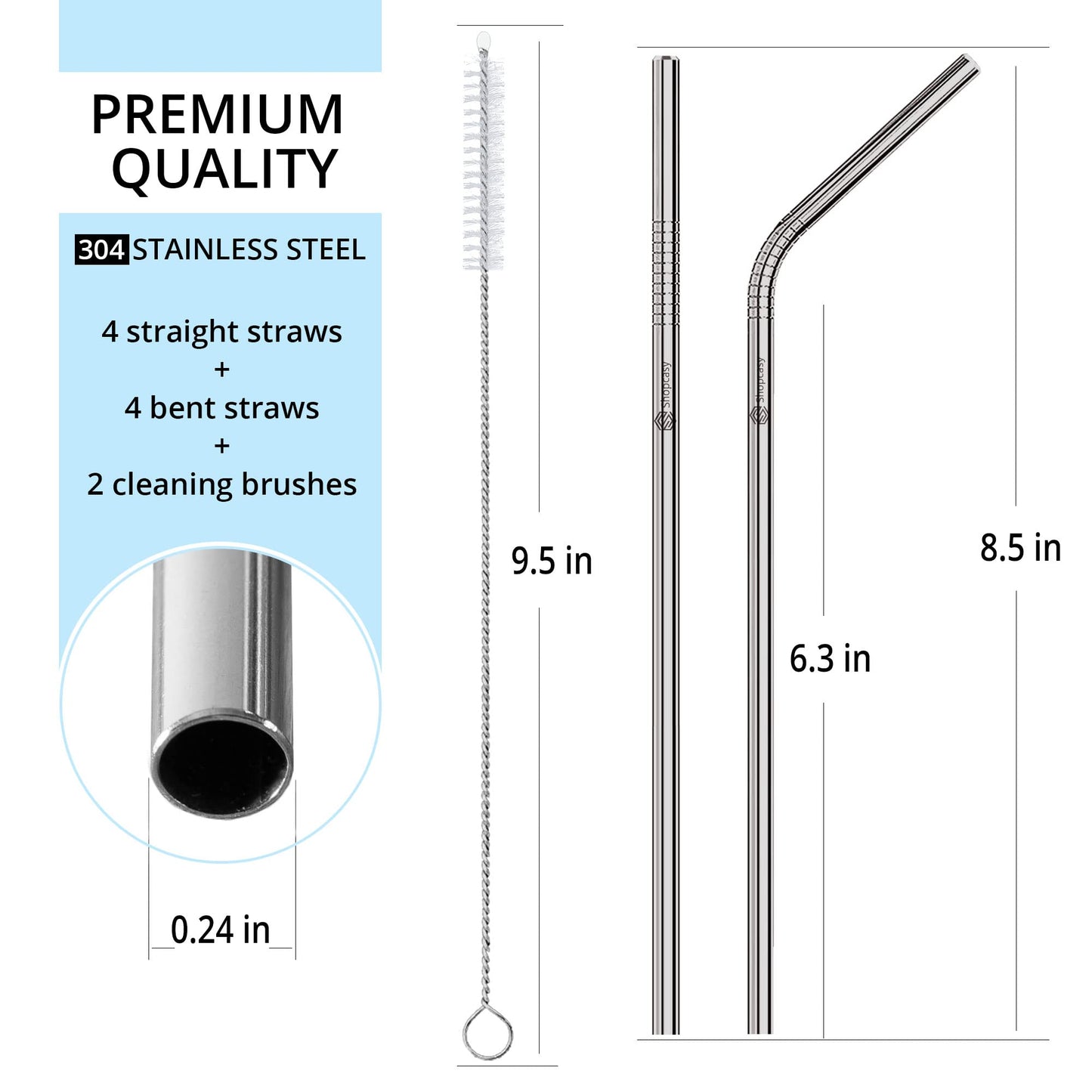 Set of 10 Reusable Metal Straws Drinking, 216mm Eco-Friendly Stainless Steel Drinking Straws for Cocktail, Milkshake, Cold/Hot Drinks (4 Straight + 4 Bent + 2 Cleaners) BPA Free Silver