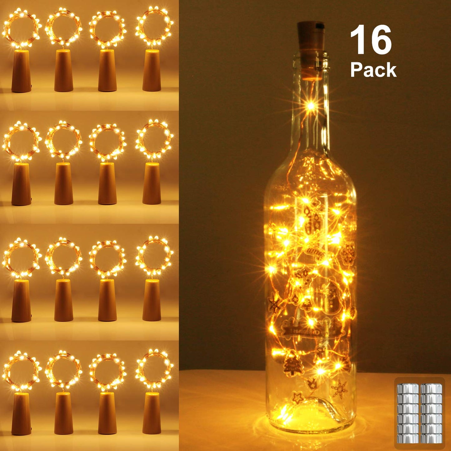 【16 Pack】 Wine Bottle Lights with Cork, 2M 20 LED Copper Wire Bottle Fairy Lights Battery Operated, LED Cork String Lights for Bottle Bedrooms Party Wedding Christmas Indoor DIY Decor (Warm White) 16 Pack