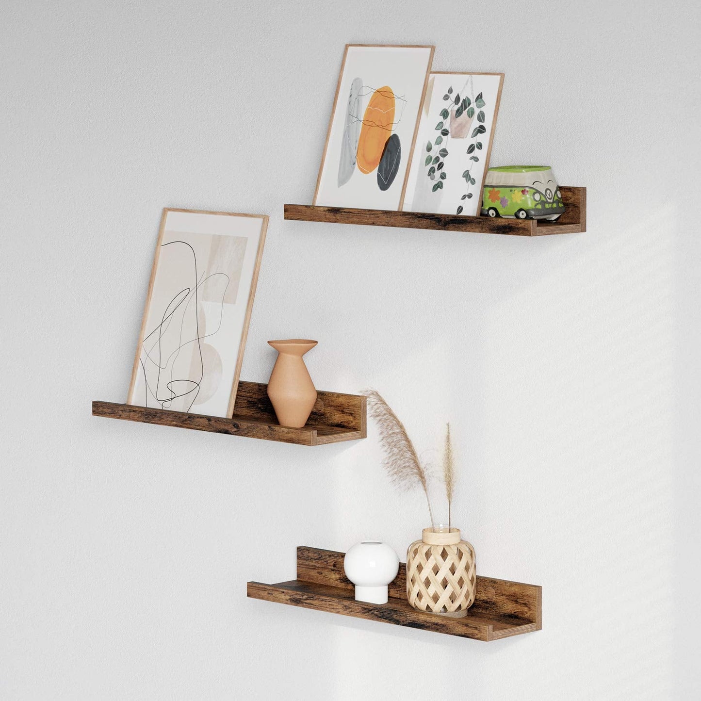 VASAGLE Wall Shelves Set of 3 Hanging Shelves Floating Shelves 38 cm Length with High Edges for Picture Frames Decoration Spices for Kitchen Living Room Rustic Brown LWS037X01