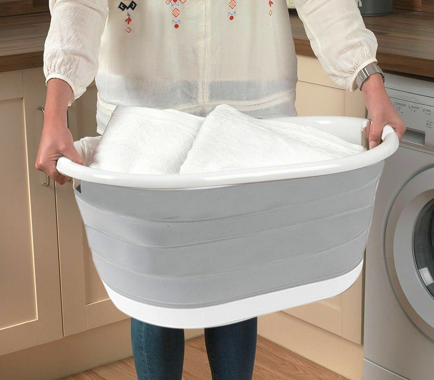 Crystals Foldable Laundry Basket Plastic - Small Collapsible Washing Baskets for Clothes - Portable and Ideal for Space Saving Storage - Folding Laundry Basket Grey Oval Shape