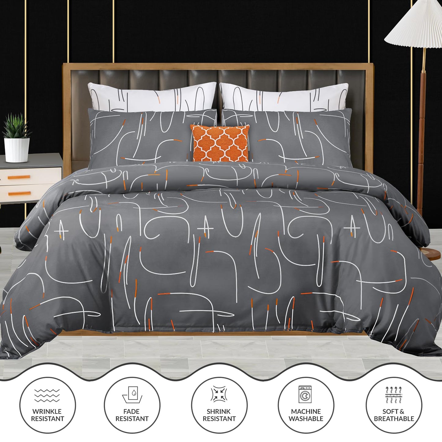 Pamposh Double Duvet Set - Premium Microfibre Reversible Duvet Cover Sets - Bedding Double Bed Set - Double Bedding Polyester Quilt Set (Grey/White/Orange, Double (200 x 200 cm)) Grey / White / Orange Double (200 x 200 cm)