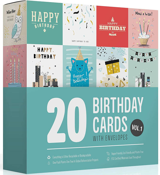 Wonder Cards Birthday Cards Multipack of 20 Assortment Vol 1 Eco Friendly | Suitable Women Men Kids