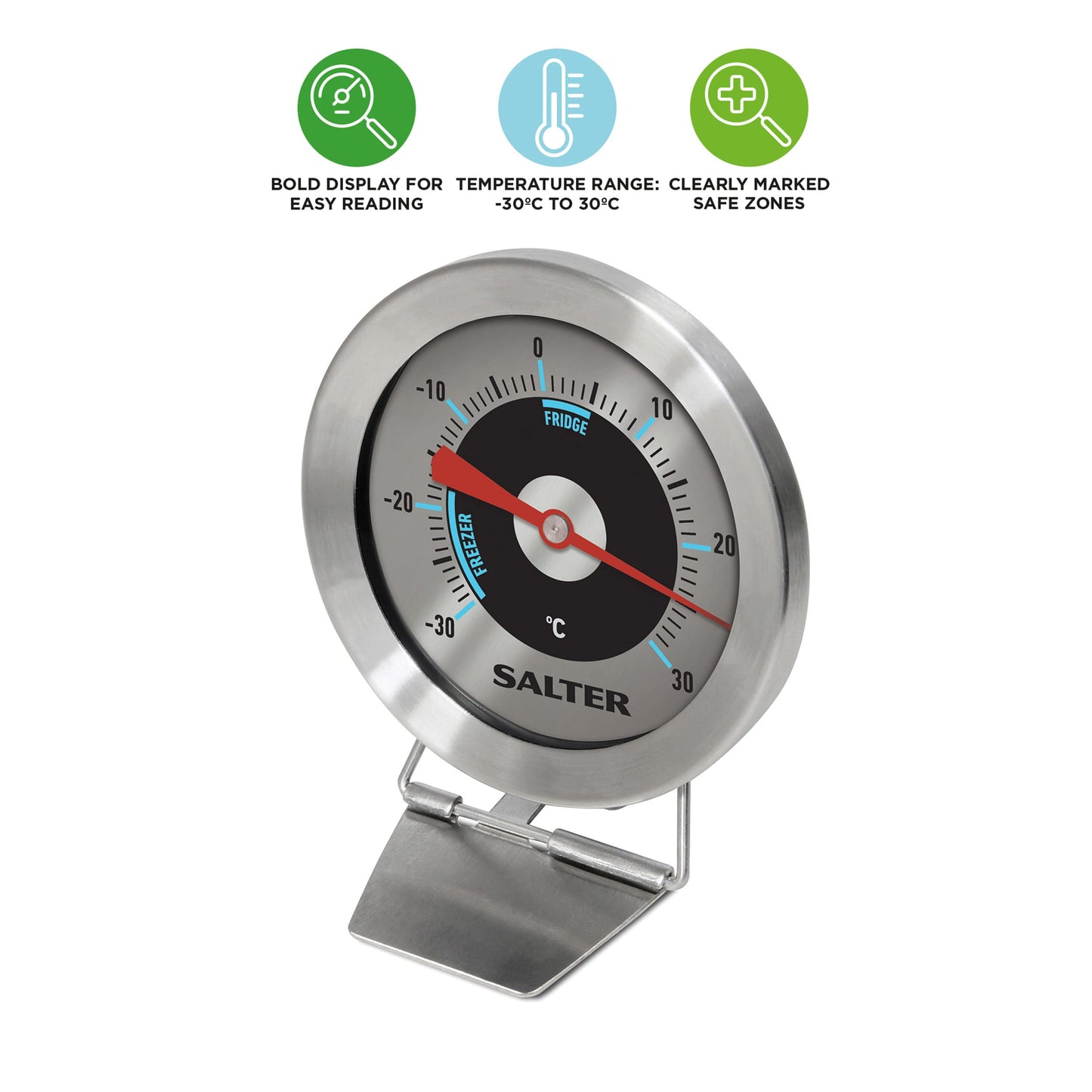 Salter 517 SSCR Fridge Thermometer – Stainless Steel Large Dial Temperature Gauge, Waterproof Freezer Thermometer, Easy Read, Hang Up Or Stand, Temp. Range -30 To 30°C, Safe Food Zones Markers Single