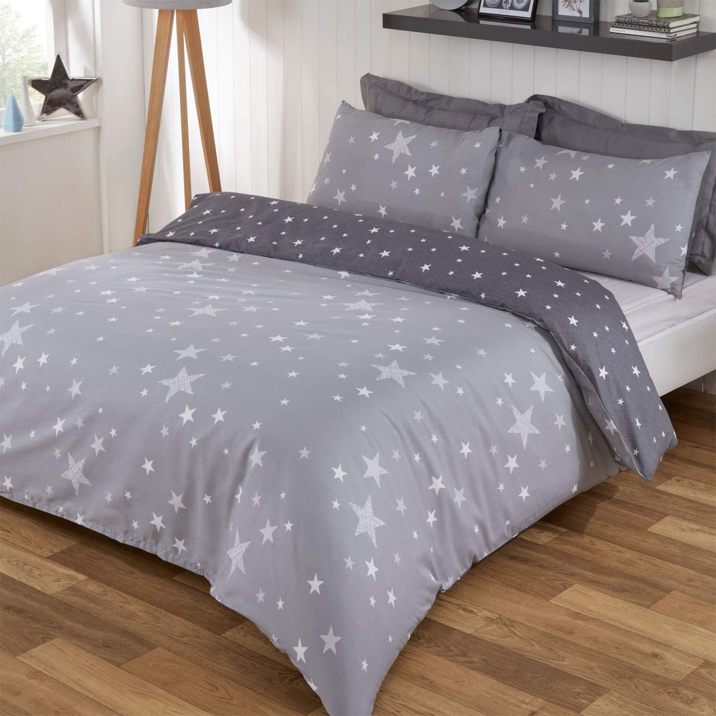 Dreamscene Galaxy Stars Duvet Cover with Pillowcase Kids Reversible Charcoal Bedding Set, Silver Grey, 3pcs, Double Silver Grey Charcoal Stars