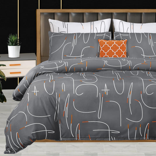 Pamposh Double Duvet Set - Premium Microfibre Reversible Duvet Cover Sets - Bedding Double Bed Set - Double Bedding Polyester Quilt Set (Grey/White/Orange, Double (200 x 200 cm)) Grey / White / Orange Double (200 x 200 cm)