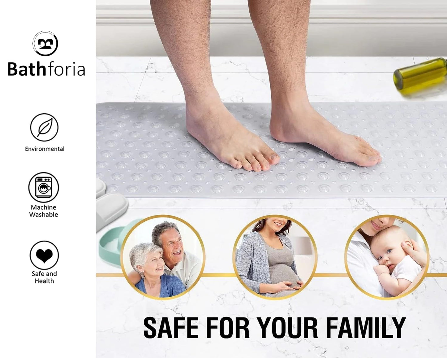 Bathforia Non Slip Bath Mat - Extra Long Non-Slip Anti Mould Shower Mat - Machine Washable Anti Slip Bathroom Floor Mats with Strong Rubber Suction Cup Grip - Clear 100 x 40 x 0.5 cm White